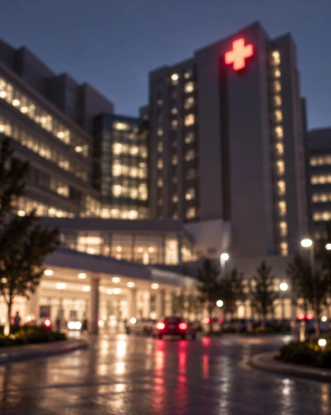 Hospital building at night with a lit red cross sign